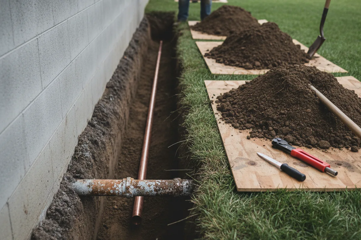Excavated water line trench during Water Heater Repair in Holmesville